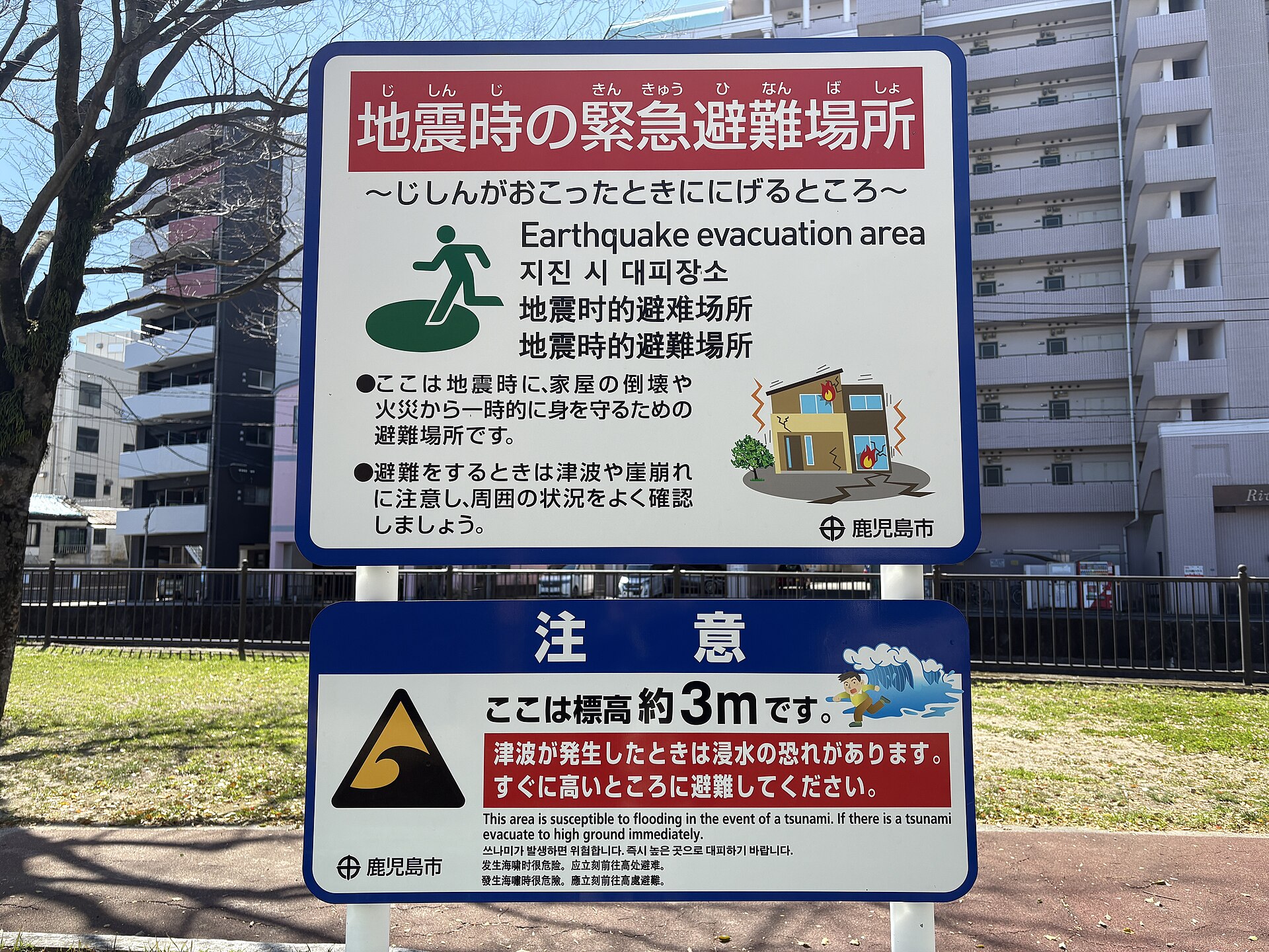 A Kagoshima City sign marking an "Earthquake evacuation area" in Japanese, English, Korean and Chinese. The panel below warns that the spot is about 3 m above sea level and that people must move to higher ground in a tsunami. Photo: あじさか / Wikimedia Commons / CC BY-SA 4.0