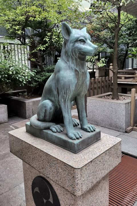 宮益御嶽神社のブロンズ製の狼の狛犬。耳を立て、あばらが浮いた姿（2023年9月7日撮影）。写真：鋸香具師 / Wikimedia Commons / CC BY-SA 4.0