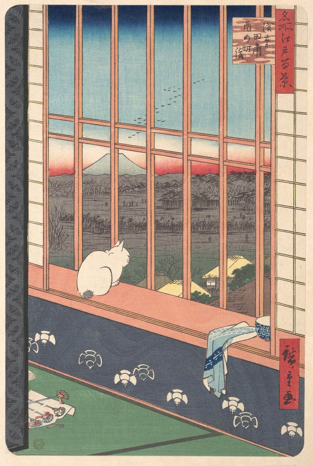 歌川広重『名所江戸百景 浅草田甫酉の町詣』（1857年）。吉原の窓辺で猫が、田圃を酉の町へ向かう人の列を眺める。床には熊手をかたどった簪。メトロポリタン美術館 / Wikimedia Commons / CC0