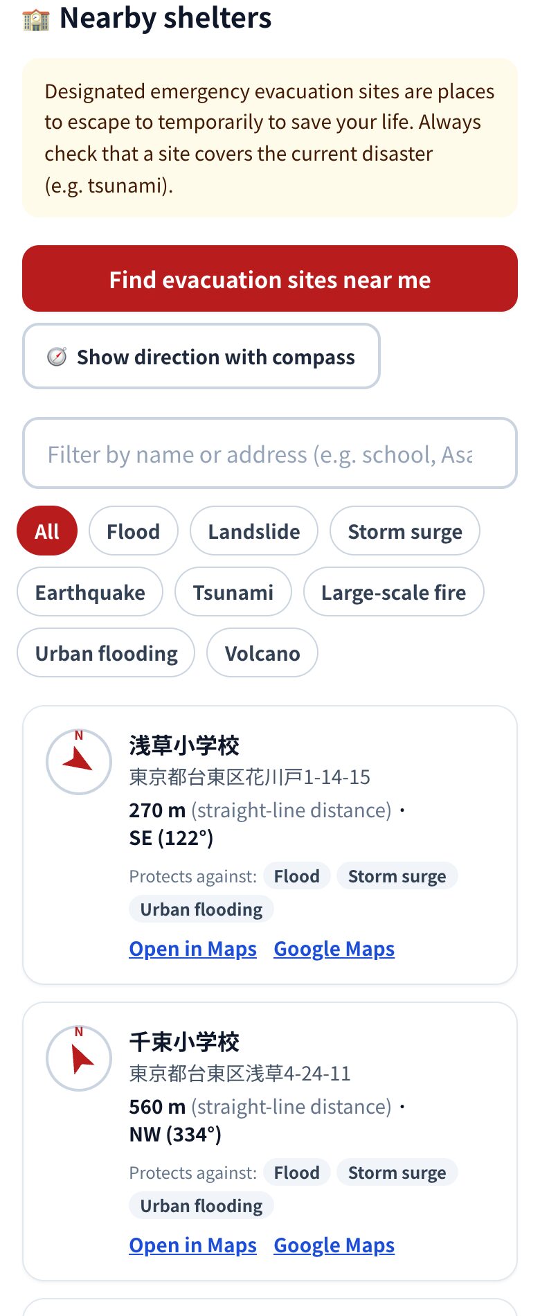 Nearby evacuation sites on Matsuri's emergency page, with location set to Senso-ji in Asakusa. The closest site is shown 270 m to the south-east and is designated for flood, storm surge and urban flooding (captured 2026-10-02)